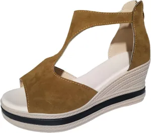Women Wedge Sandals Peep Toe Back Zip High Heels Retro Cutout Slip On Casual Platform Sandals Comfortable Summer Shoes