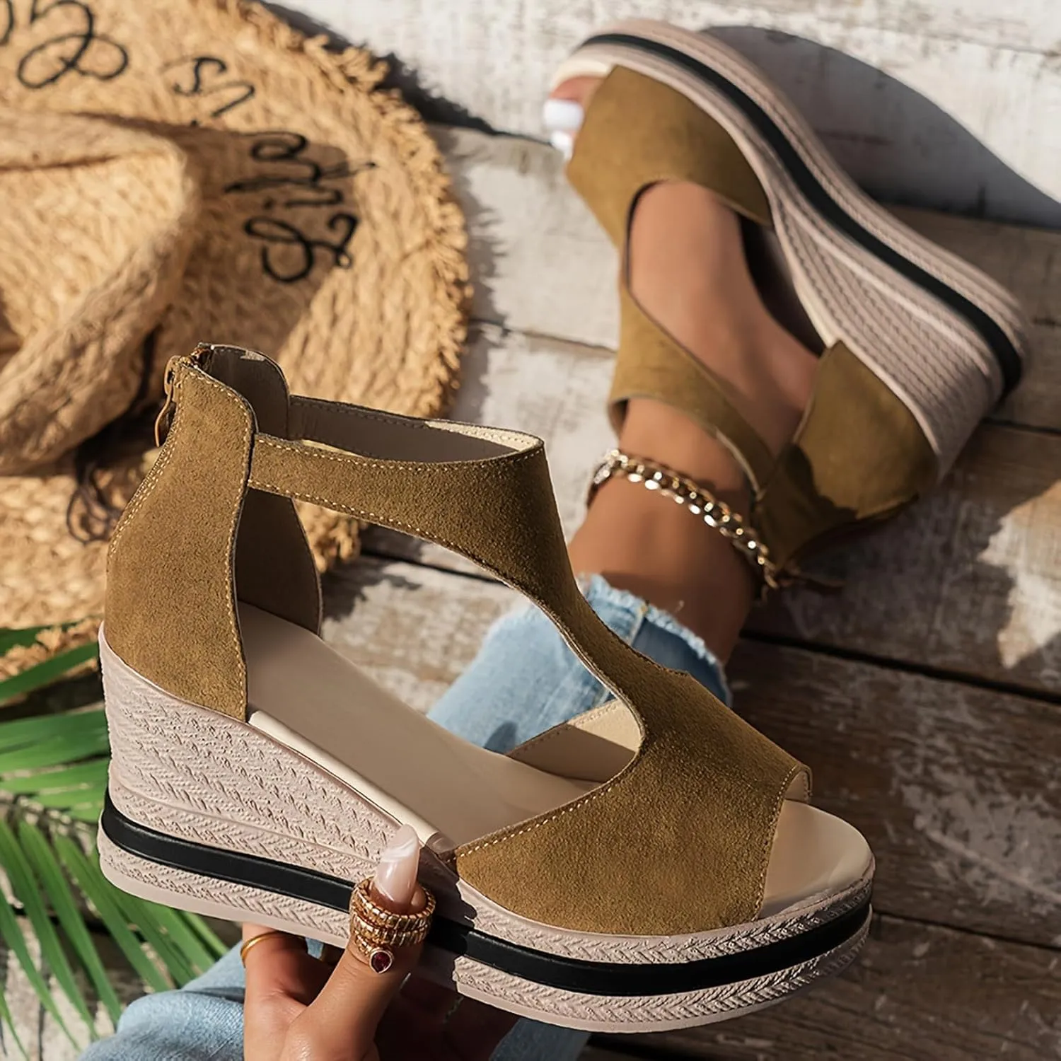 Women Wedge Sandals Peep Toe Back Zip High Heels Retro Cutout Slip On Casual Platform Sandals Comfortable Summer Shoes