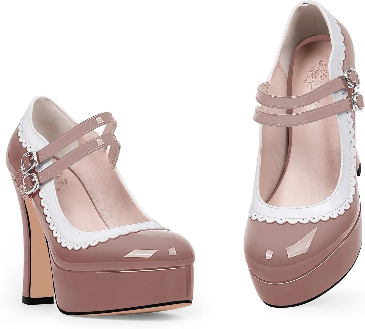 Women's Ankle Strap Plafrom Mary Janes Pumps Block High Heels Double Buckle Patent Leather Dress Shoes