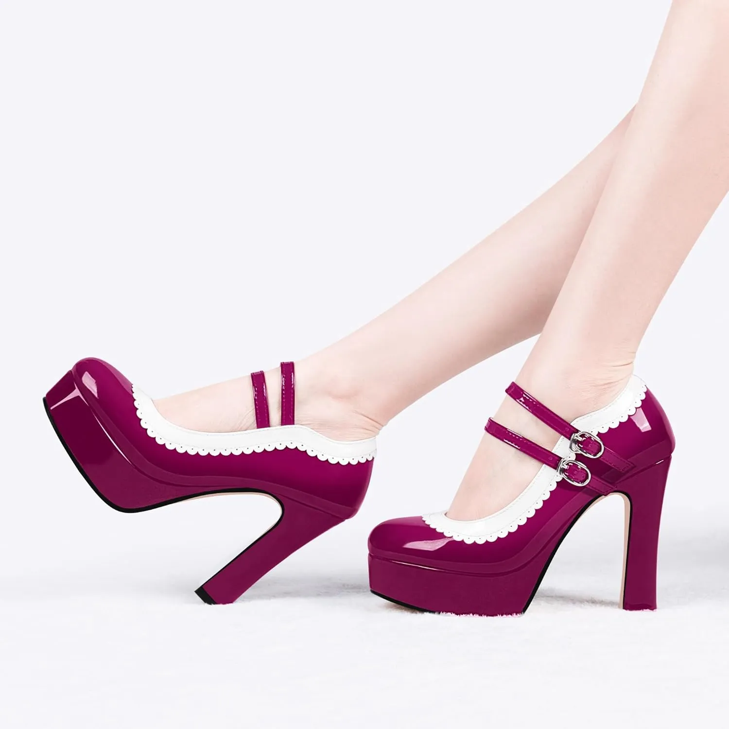 Women's Ankle Strap Plafrom Mary Janes Pumps Block High Heels Double Buckle Patent Leather Dress Shoes