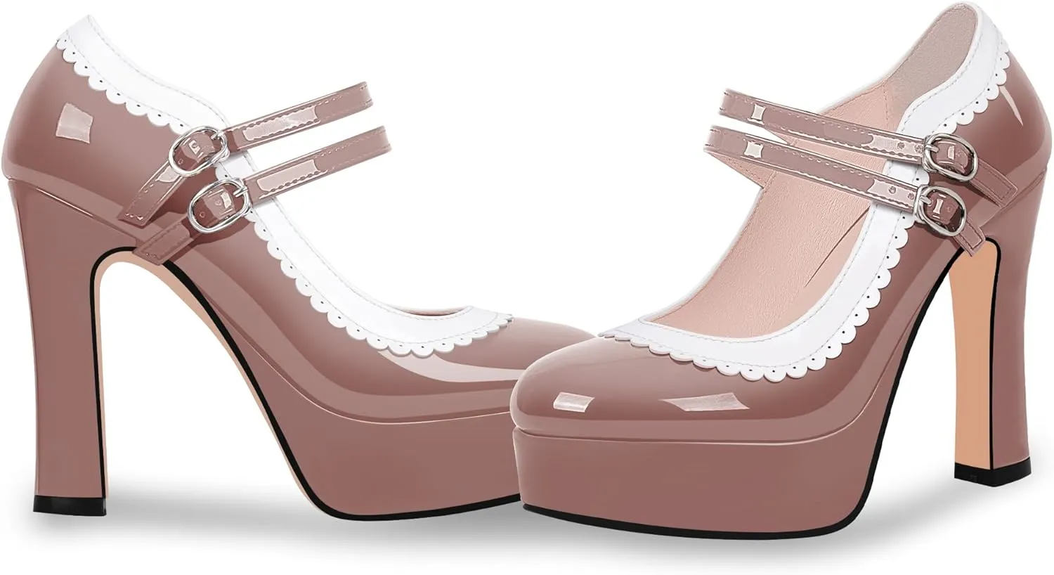 Women's Ankle Strap Plafrom Mary Janes Pumps Block High Heels Double Buckle Patent Leather Dress Shoes