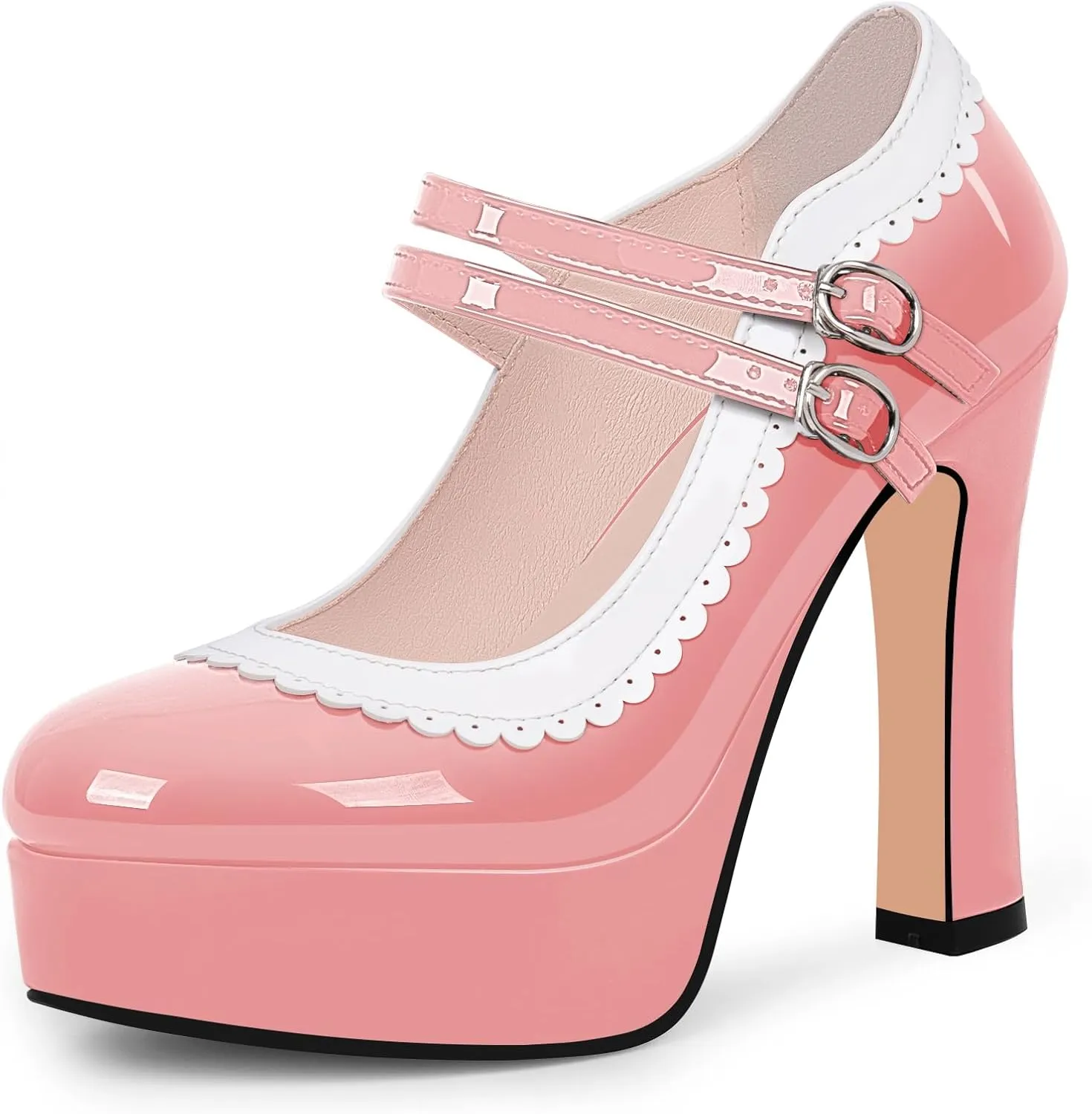 Women's Ankle Strap Plafrom Mary Janes Pumps Block High Heels Double Buckle Patent Leather Dress Shoes