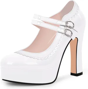 Women's Ankle Strap Plafrom Mary Janes Pumps Block High Heels Double Buckle Patent Leather Dress Shoes