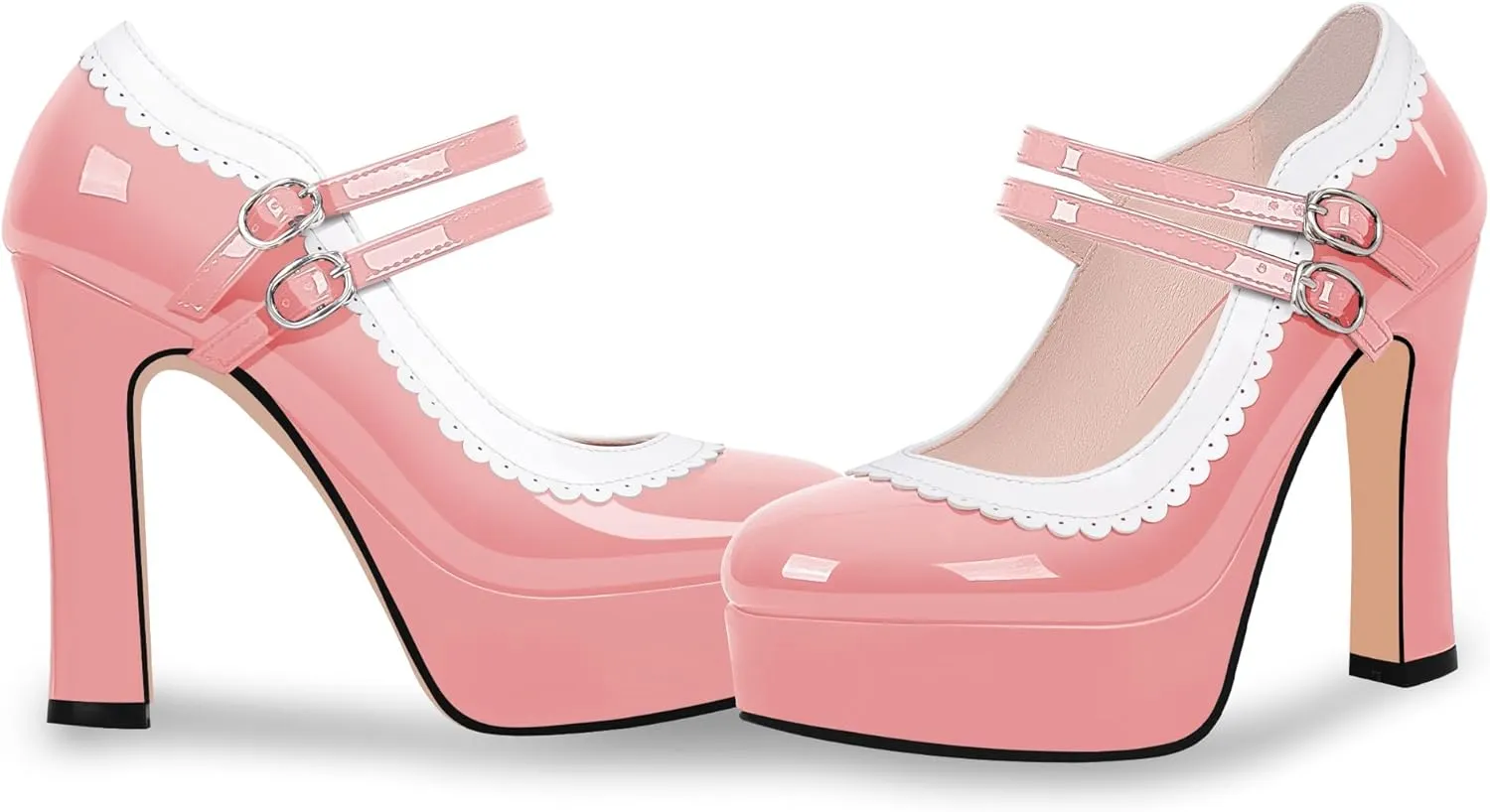 Women's Ankle Strap Plafrom Mary Janes Pumps Block High Heels Double Buckle Patent Leather Dress Shoes