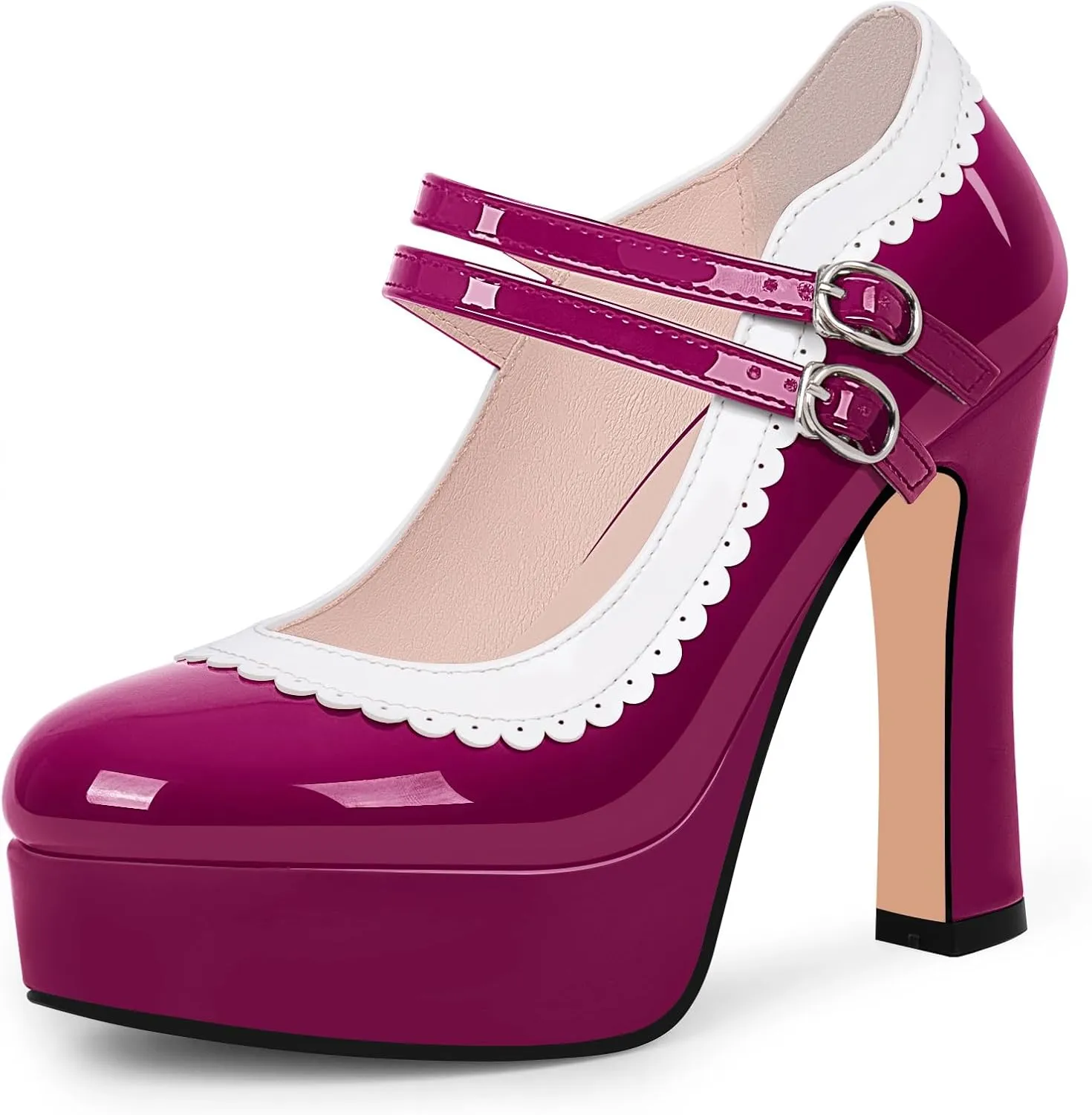 Women's Ankle Strap Plafrom Mary Janes Pumps Block High Heels Double Buckle Patent Leather Dress Shoes