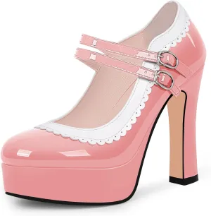 Women's Ankle Strap Plafrom Mary Janes Pumps Block High Heels Double Buckle Patent Leather Dress Shoes