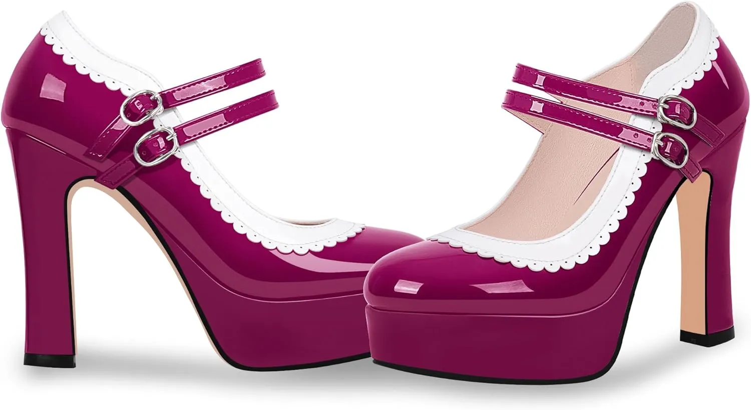Women's Ankle Strap Plafrom Mary Janes Pumps Block High Heels Double Buckle Patent Leather Dress Shoes