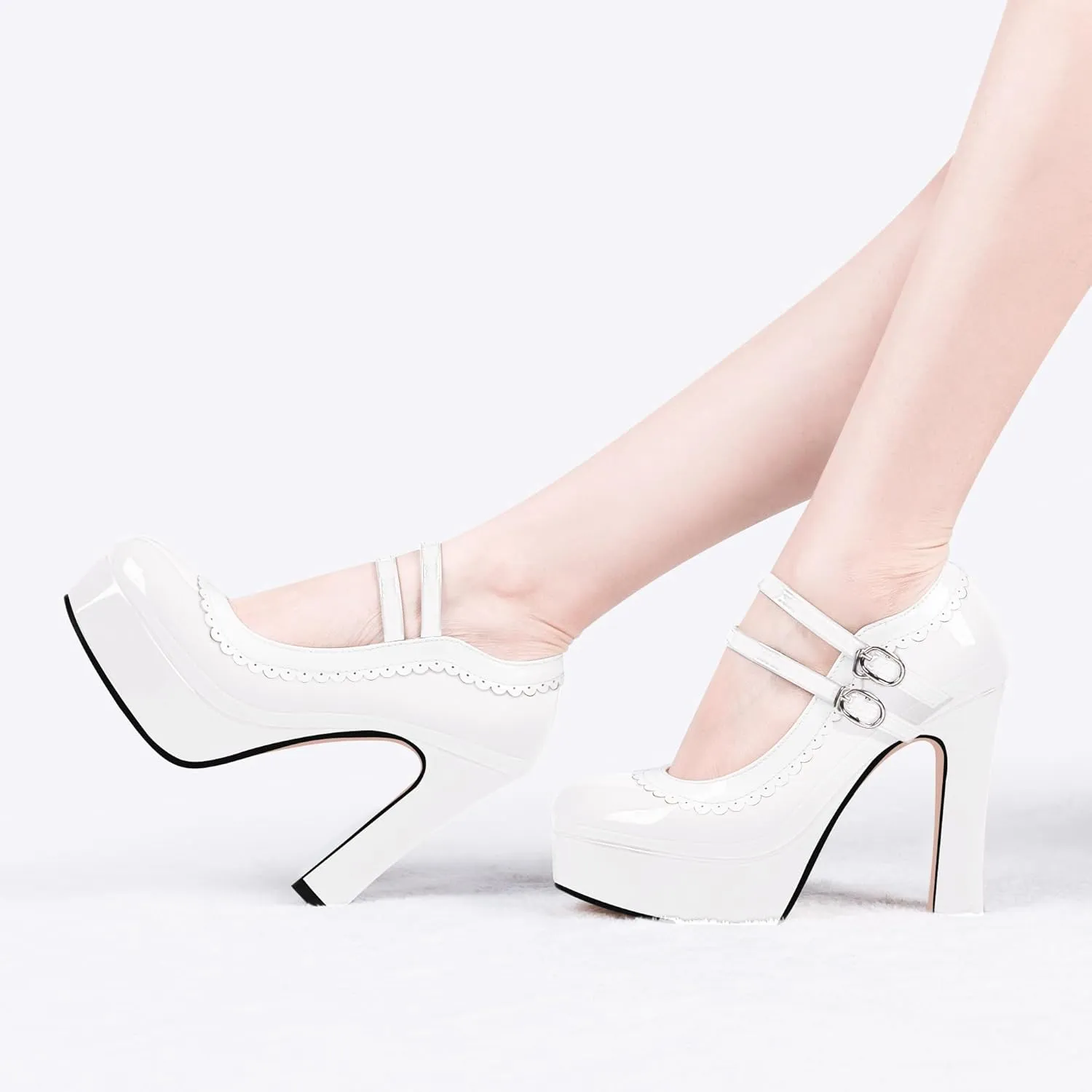 Women's Ankle Strap Plafrom Mary Janes Pumps Block High Heels Double Buckle Patent Leather Dress Shoes