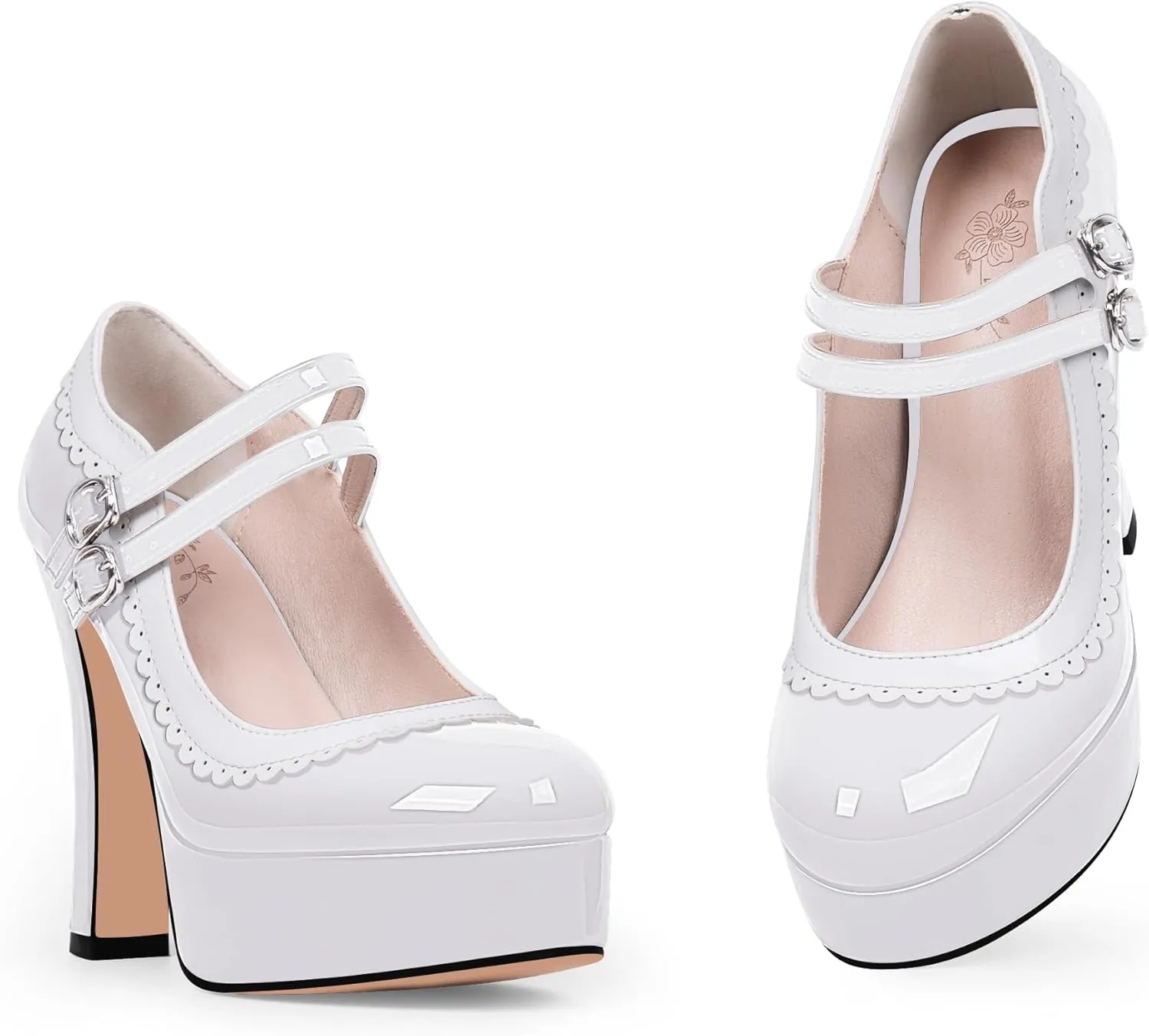 Women's Ankle Strap Plafrom Mary Janes Pumps Block High Heels Double Buckle Patent Leather Dress Shoes
