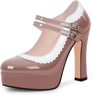 Women's Ankle Strap Plafrom Mary Janes Pumps Block High Heels Double Buckle Patent Leather Dress Shoes