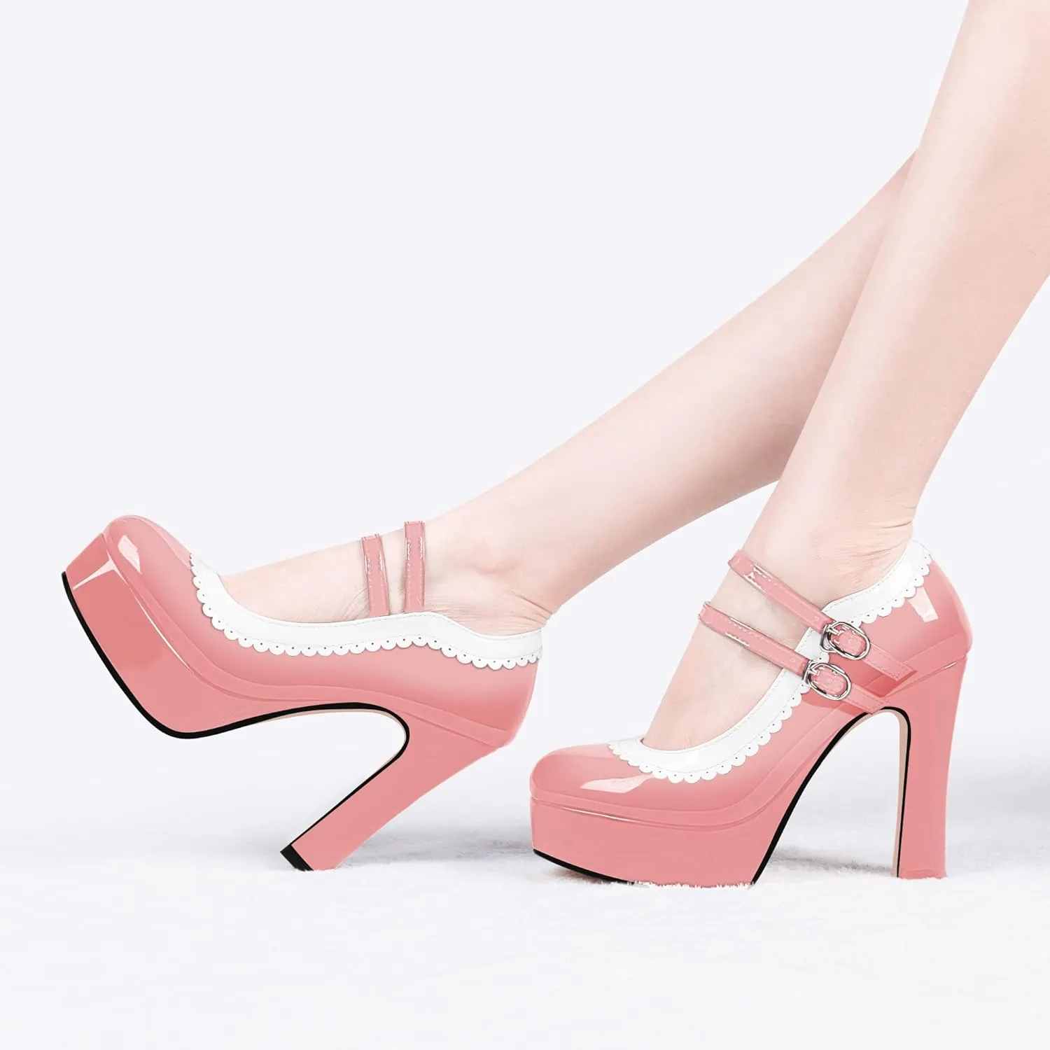 Women's Ankle Strap Plafrom Mary Janes Pumps Block High Heels Double Buckle Patent Leather Dress Shoes