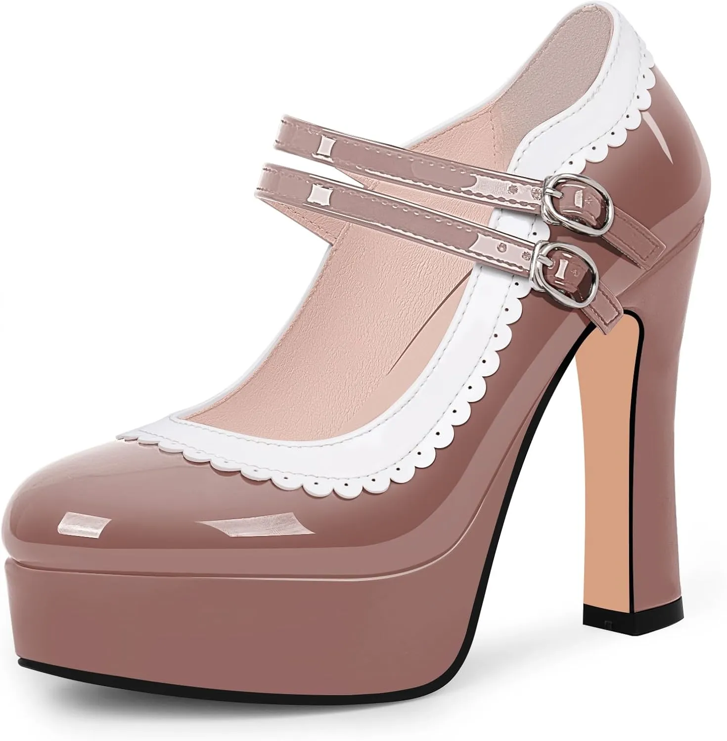 Women's Ankle Strap Plafrom Mary Janes Pumps Block High Heels Double Buckle Patent Leather Dress Shoes