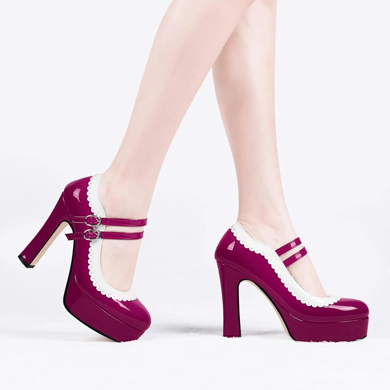 Women's Ankle Strap Plafrom Mary Janes Pumps Block High Heels Double Buckle Patent Leather Dress Shoes