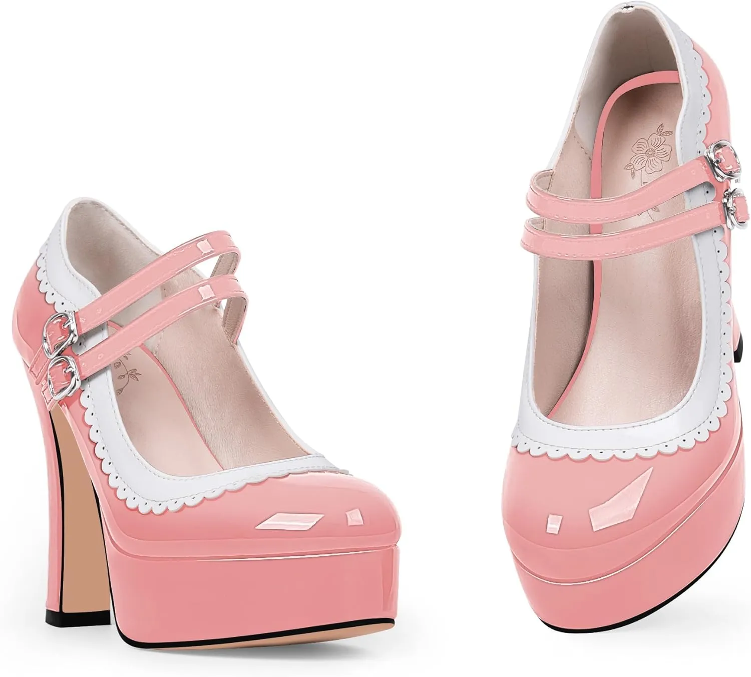 Women's Ankle Strap Plafrom Mary Janes Pumps Block High Heels Double Buckle Patent Leather Dress Shoes
