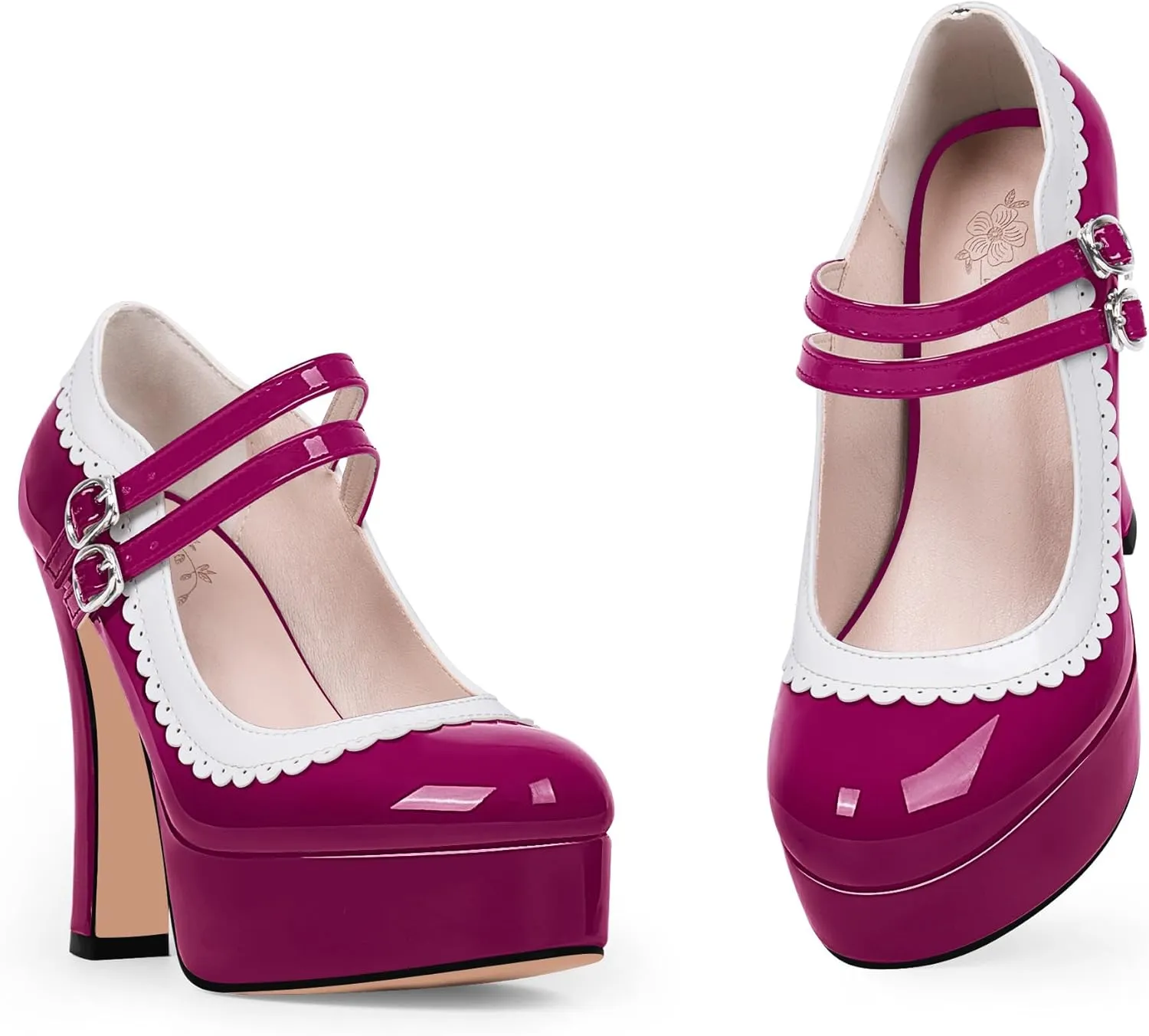 Women's Ankle Strap Plafrom Mary Janes Pumps Block High Heels Double Buckle Patent Leather Dress Shoes