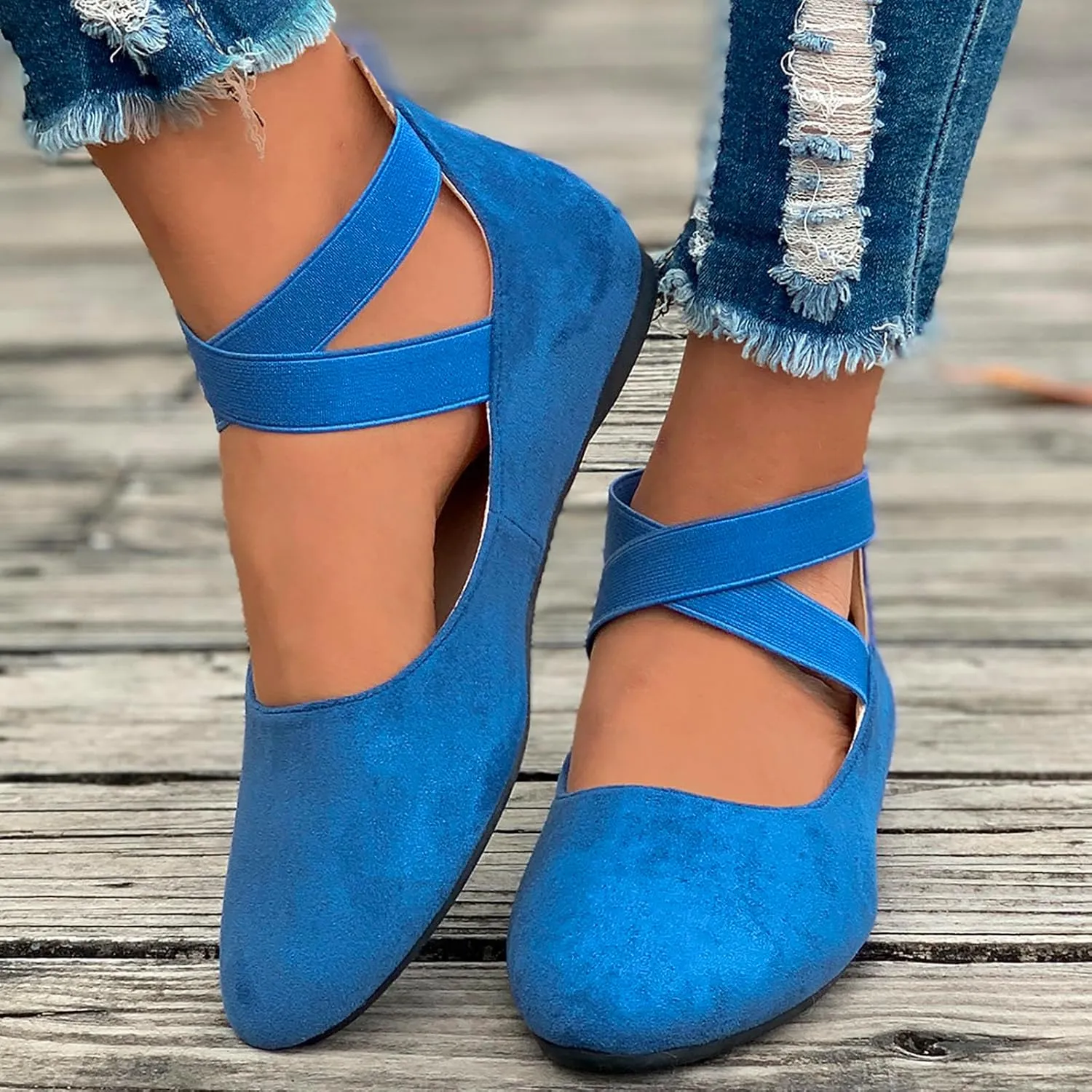 Women's Comfortable Ballet Flat Shoes with Elastic Ankle Straps Lightweight Business Casual Shoes Dress Flats