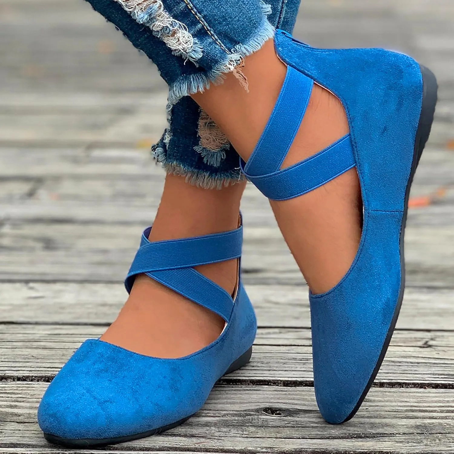 Women's Comfortable Ballet Flat Shoes with Elastic Ankle Straps Lightweight Business Casual Shoes Dress Flats