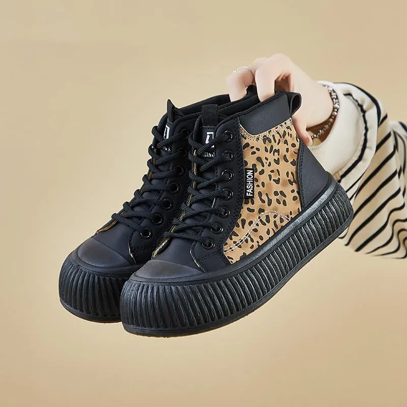 Women's Easy to Clean wear-Resistant Skateboard Shoes with Good Grip, Breathable lace-up high-top Sneakers, Women's Footwear