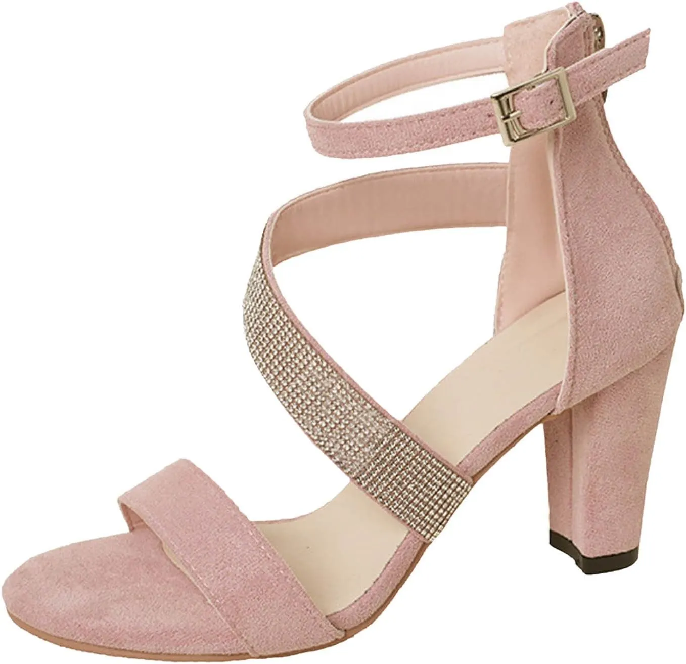 Women'S Heeled Sandal Rhinestone Suede Wide Strip Sandals Back Zipper Large Size Shoes