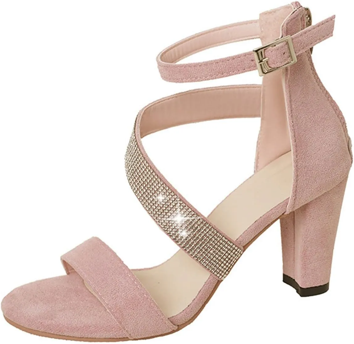 Women'S Heeled Sandal Rhinestone Suede Wide Strip Sandals Back Zipper Large Size Shoes