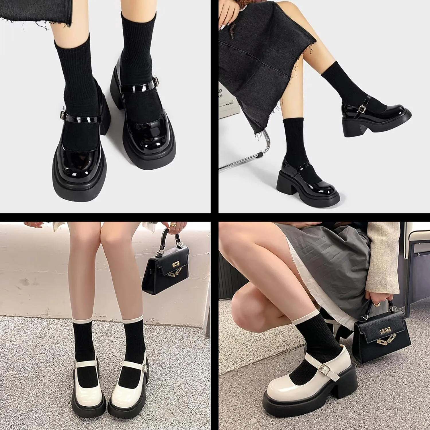 Women's Leather Platform Mary Jane Shoes Arch Support Comfortable Round Toe Buckle Ankle Strap Mid Block Heels Dress Pumps