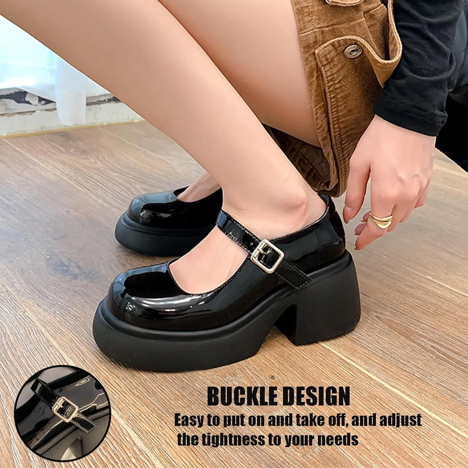 Women's Leather Platform Mary Jane Shoes Arch Support Comfortable Round Toe Buckle Ankle Strap Mid Block Heels Dress Pumps