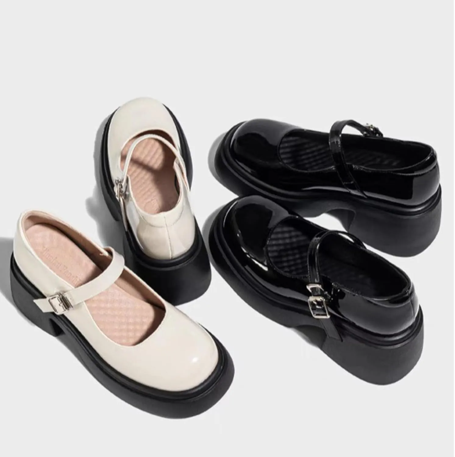Women's Leather Platform Mary Jane Shoes Arch Support Comfortable Round Toe Buckle Ankle Strap Mid Block Heels Dress Pumps