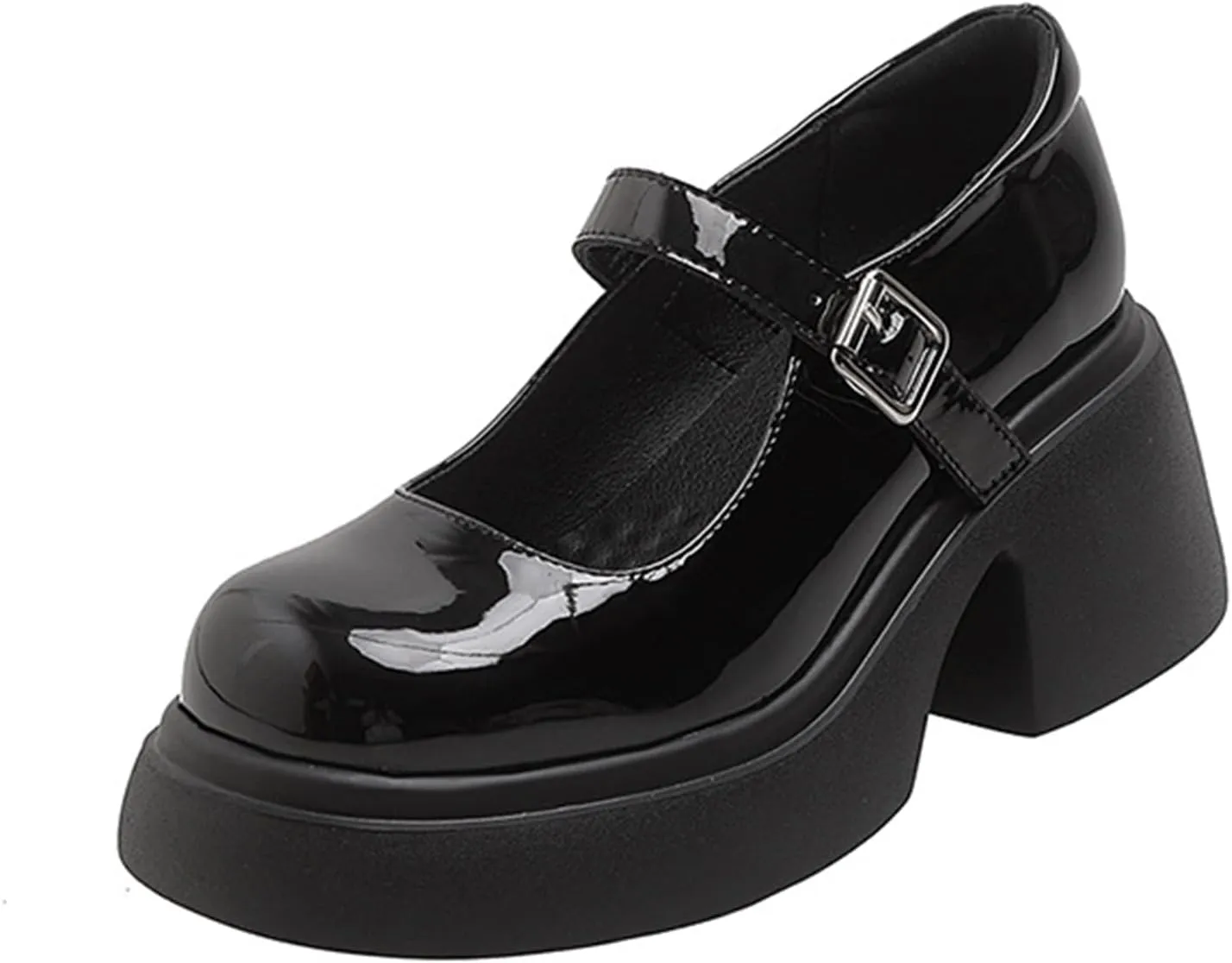 Women's Leather Platform Mary Jane Shoes Arch Support Comfortable Round Toe Buckle Ankle Strap Mid Block Heels Dress Pumps
