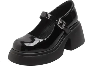 Women's Leather Platform Mary Jane Shoes Arch Support Comfortable Round Toe Buckle Ankle Strap Mid Block Heels Dress Pumps
