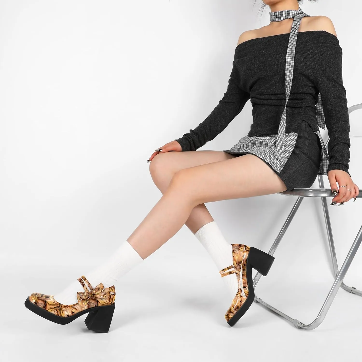 Women's Mary Jane Shoes Bow Heels Square Toe Heels Chunky Heel Pumps 3.4 Inch Cute Beauty Dressy Shoes