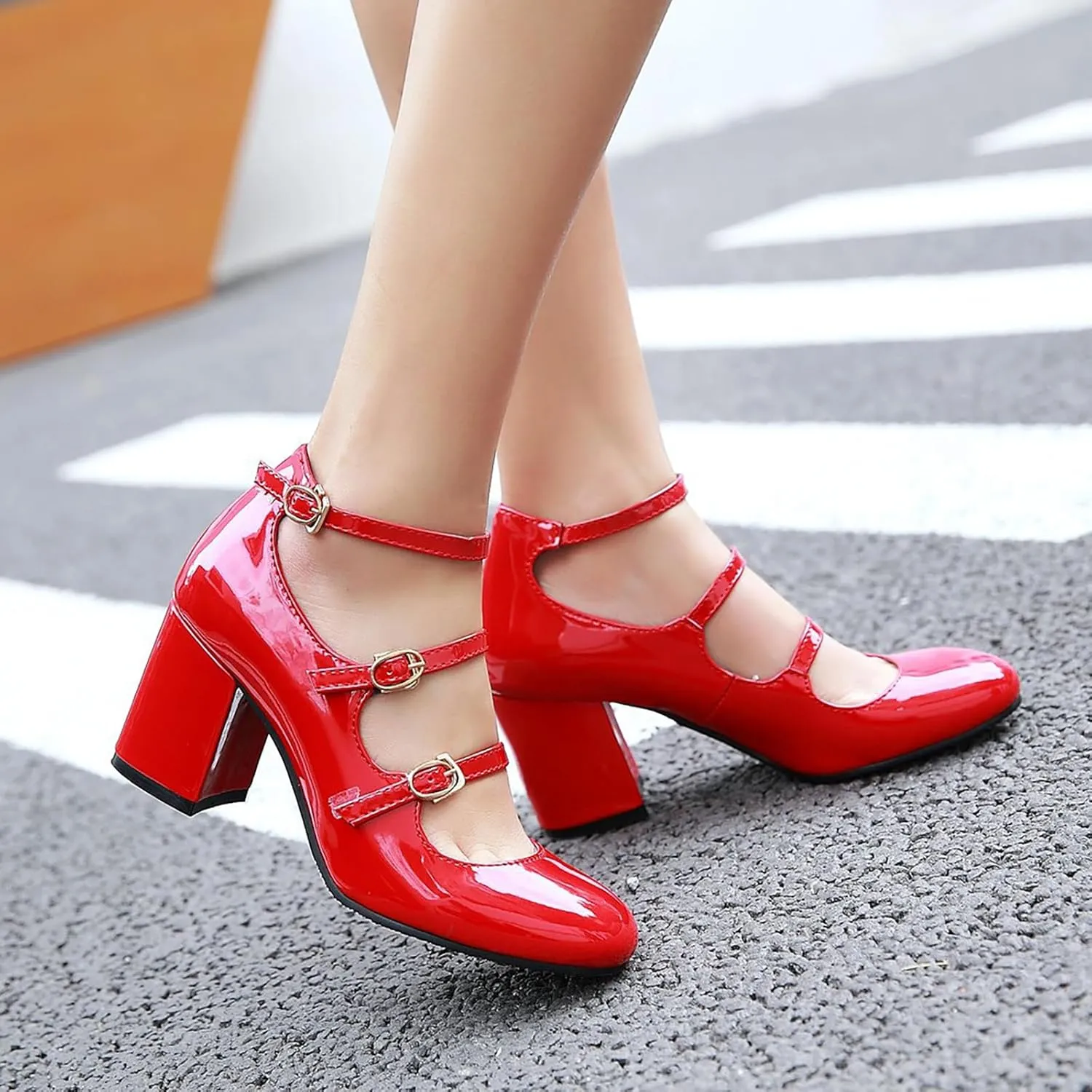 Women's Mary Janes Chunky High Heels Pumps,Vintage Patent Leather Adjustable Triple Strap Buckle Comfort Round Toe Closed Toe Sweet Office Wedding Party Dress Shoes