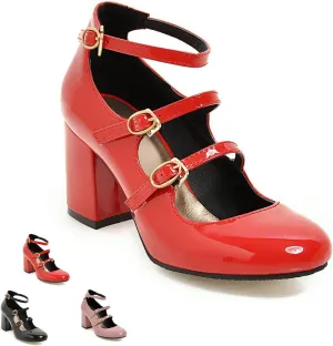 Women's Mary Janes Chunky High Heels Pumps,Vintage Patent Leather Adjustable Triple Strap Buckle Comfort Round Toe Closed Toe Sweet Office Wedding Party Dress Shoes