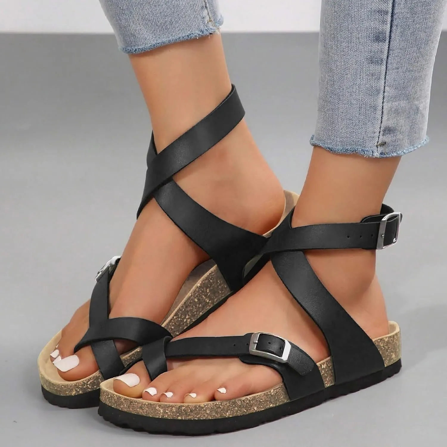 Women's Orthopedic Sandals Summer Adjustable Ankle Strap T-Strap Casual Thong Sandals With Arch Support Sandal for Women Low Heel Summer Walking Shoes Flat Samdals Daily Wear Sandal
