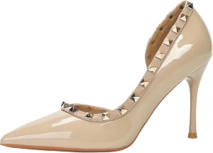 Women's Pointed Toe Shallow Stiletto High Heels Side Slits Rivets Single Shoes Patent Leather Casual Office Wedding Party Banquet Sandals Pumps Stilettos Slingback Heeled