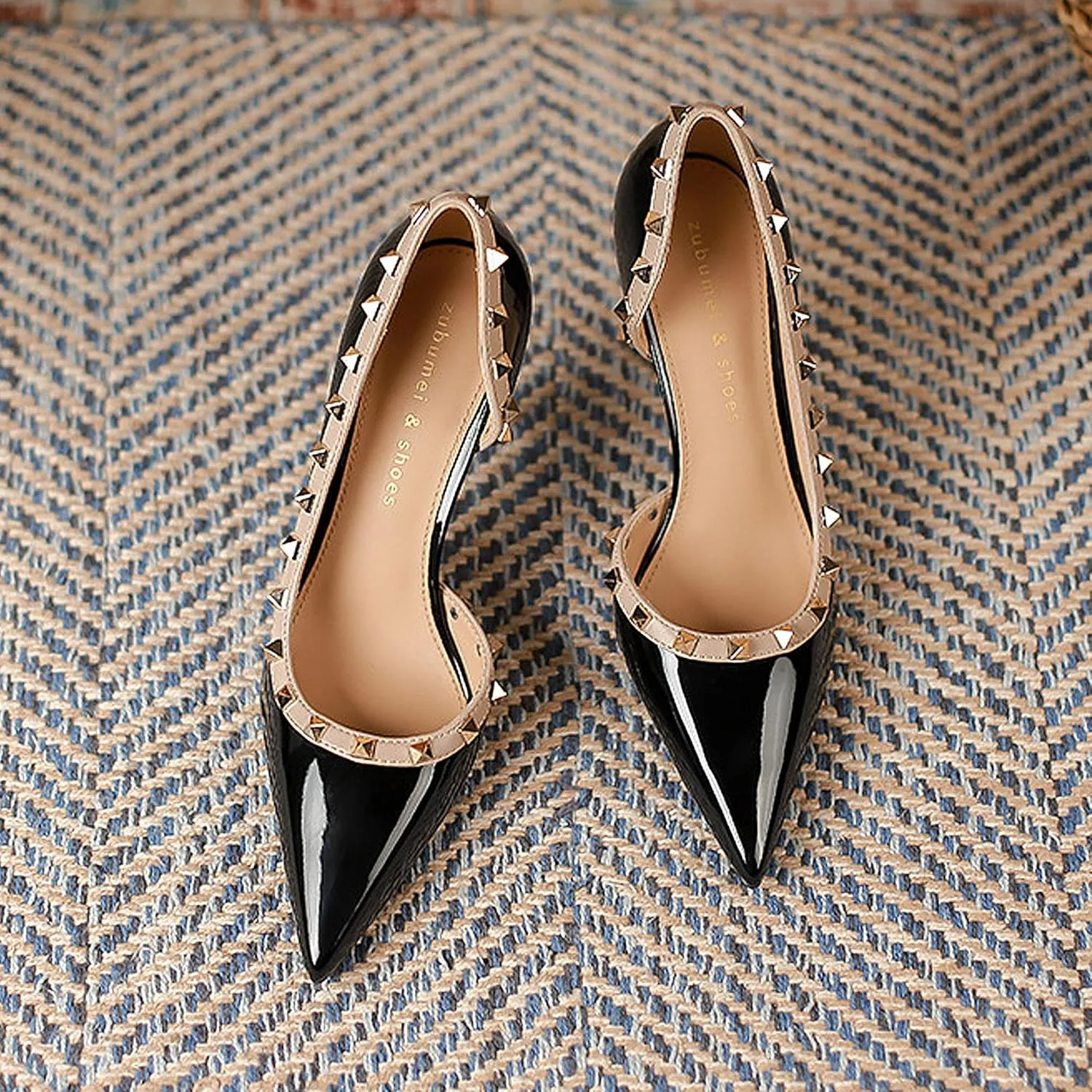 Women's Pointed Toe Shallow Stiletto High Heels Side Slits Rivets Single Shoes Patent Leather Casual Office Wedding Party Banquet Sandals Pumps Stilettos Slingback Heeled