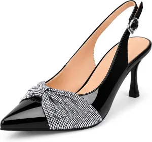 Women's Rhinestone Bow Slingback High Heels Pointed Toe Dress Pumps Party Wedding Office Shoes