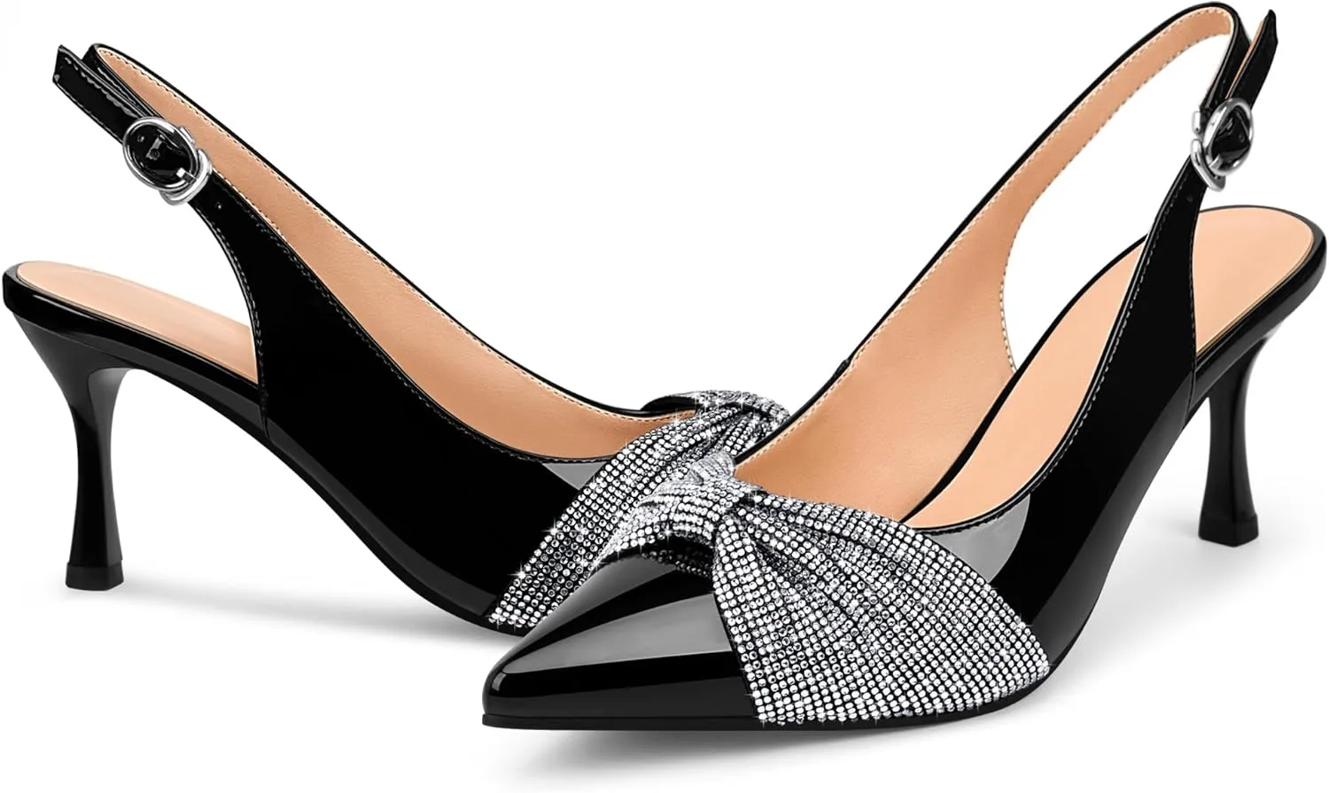 Women's Rhinestone Bow Slingback High Heels Pointed Toe Dress Pumps Party Wedding Office Shoes
