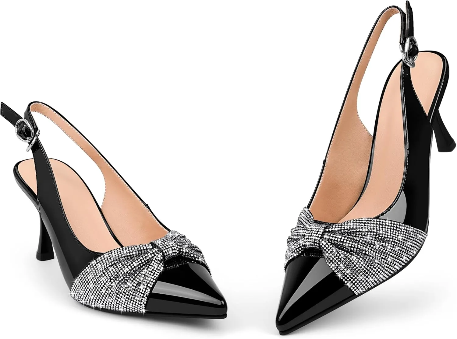 Women's Rhinestone Bow Slingback High Heels Pointed Toe Dress Pumps Party Wedding Office Shoes