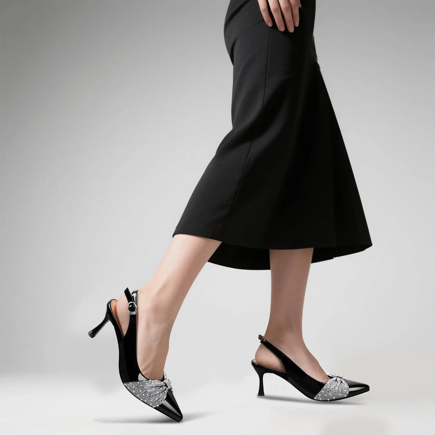 Women's Rhinestone Bow Slingback High Heels Pointed Toe Dress Pumps Party Wedding Office Shoes