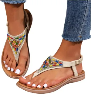 Womens Sandals 2025 Bohemian Beaded Dressy Summer Flat Casual Ankle Strap Elastic Slip on Beach Sandal