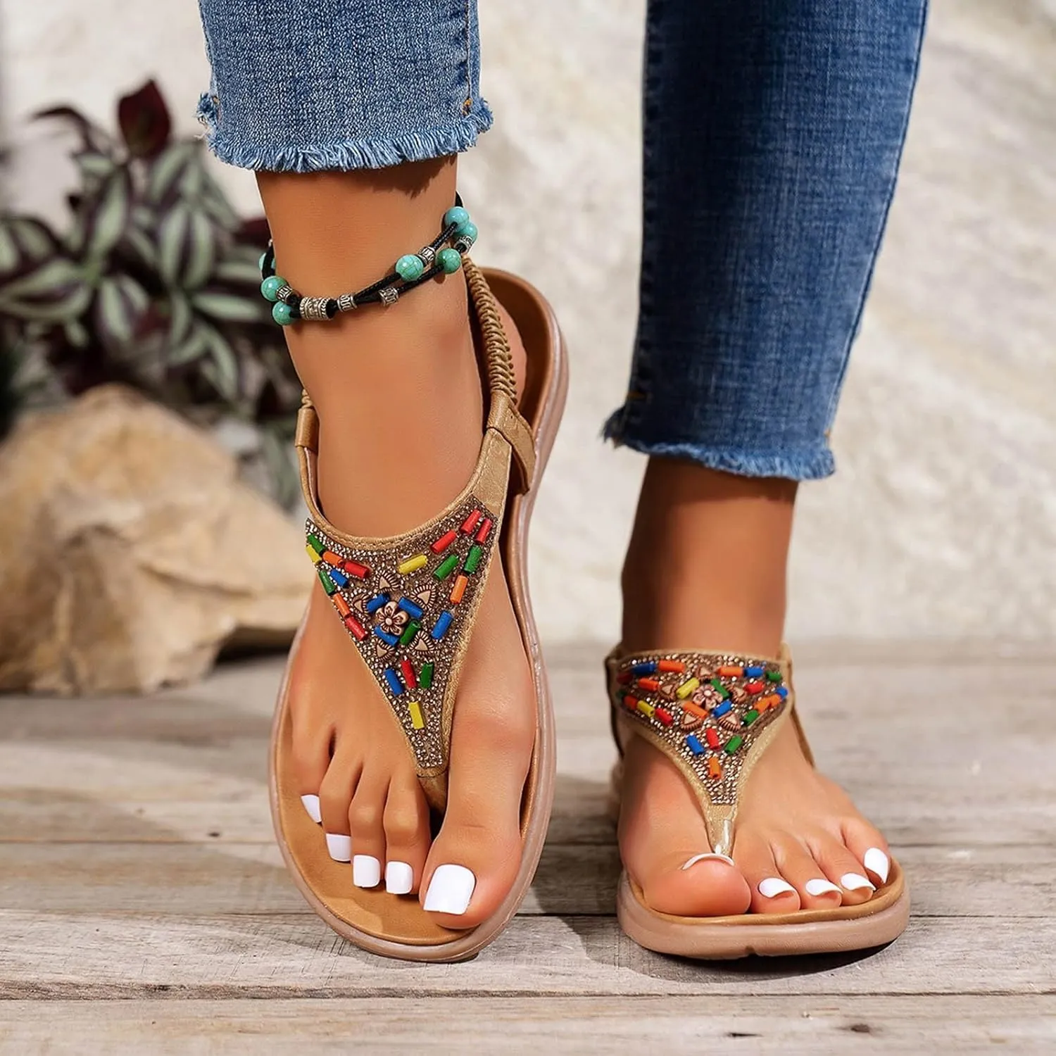 Womens Sandals 2025 Bohemian Beaded Dressy Summer Flat Casual Ankle Strap Elastic Slip on Beach Sandal