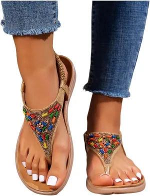 Womens Sandals 2025 Bohemian Beaded Dressy Summer Flat Casual Ankle Strap Elastic Slip on Beach Sandal