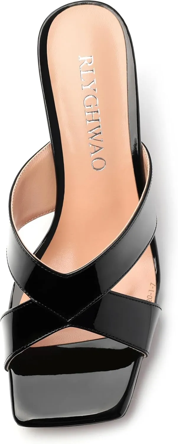 Womens Sandals, Open Square Toe Stiletto High Heels, Fashion Solid Patent Heeled Sandals