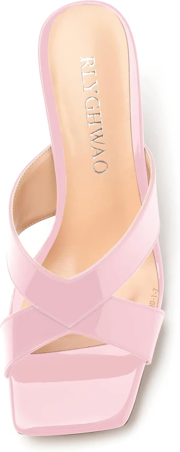 Womens Sandals, Open Square Toe Stiletto High Heels, Fashion Solid Patent Heeled Sandals