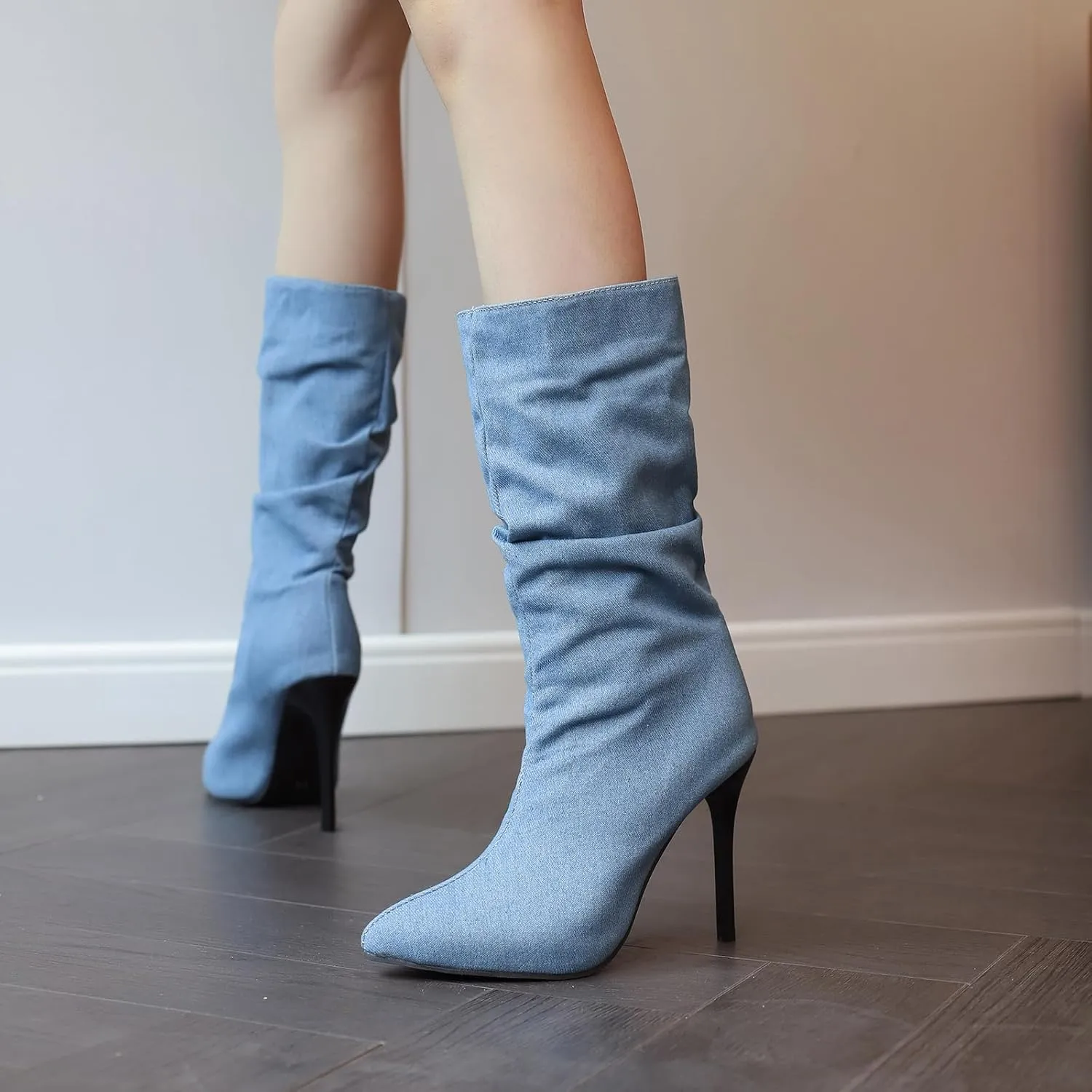 Womens Stiletto Denim Pointed Toe Mid Calf Boots