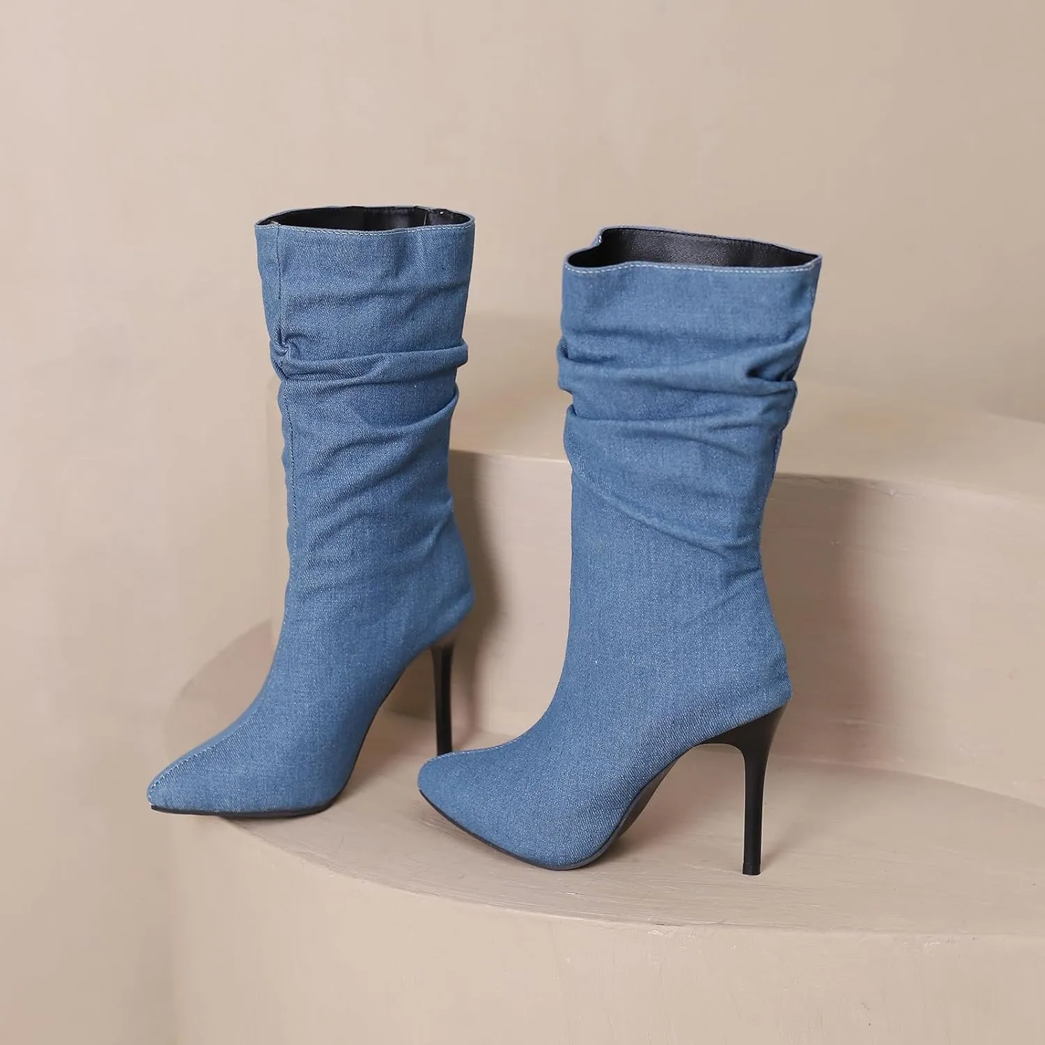 Womens Stiletto Denim Pointed Toe Mid Calf Boots