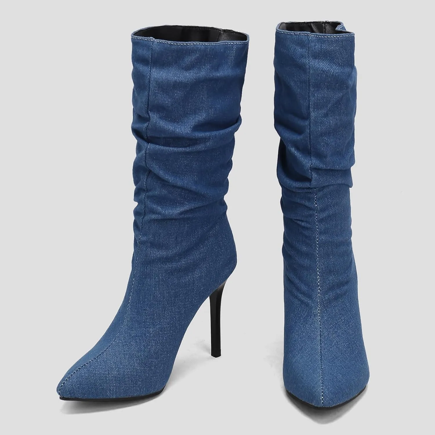 Womens Stiletto Denim Pointed Toe Mid Calf Boots