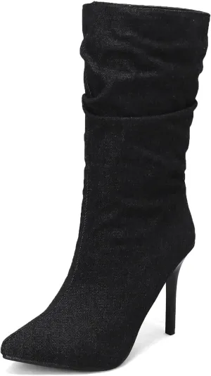 Womens Stiletto Denim Pointed Toe Mid Calf Boots