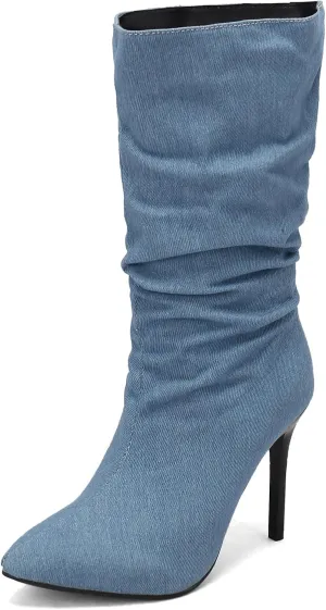 Womens Stiletto Denim Pointed Toe Mid Calf Boots