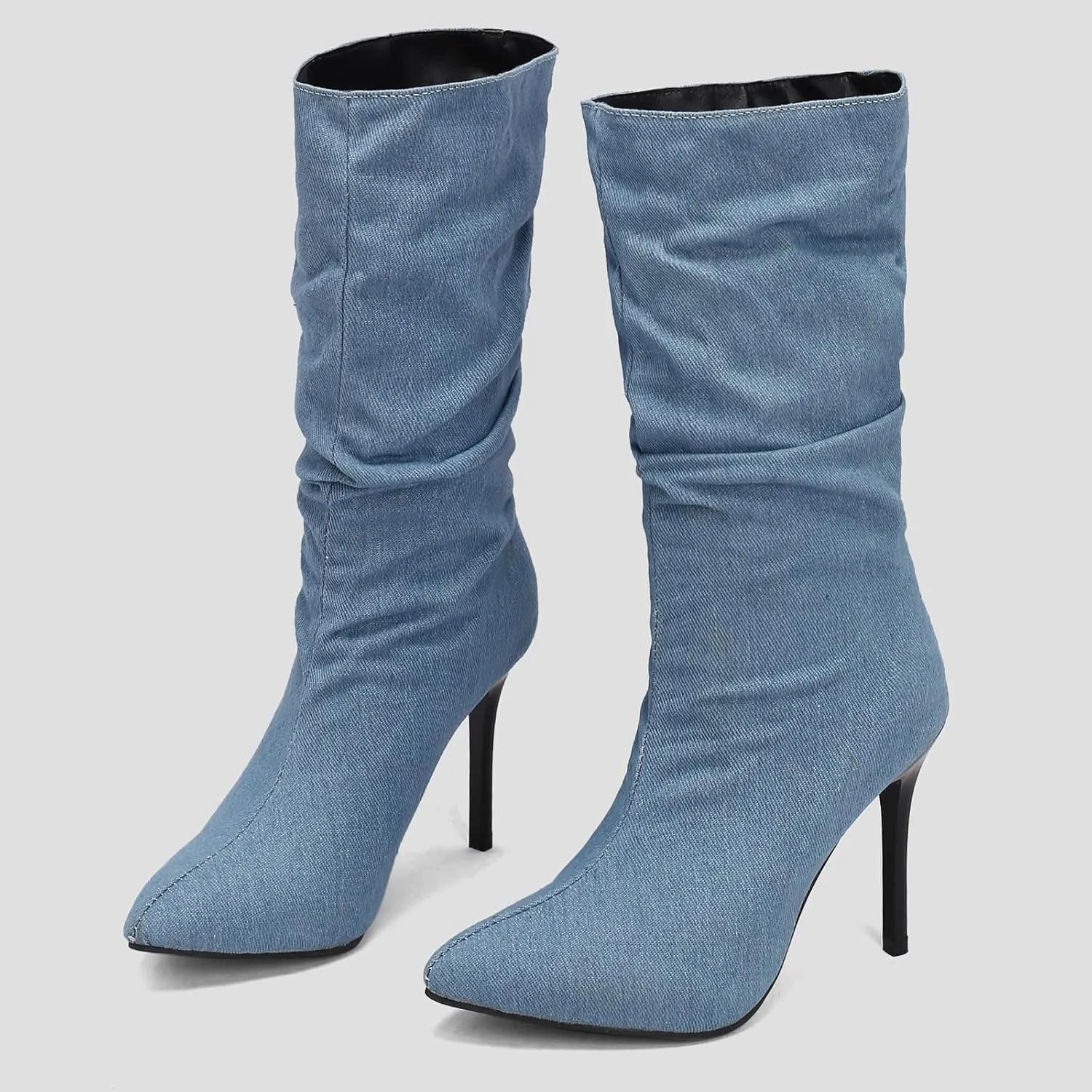 Womens Stiletto Denim Pointed Toe Mid Calf Boots
